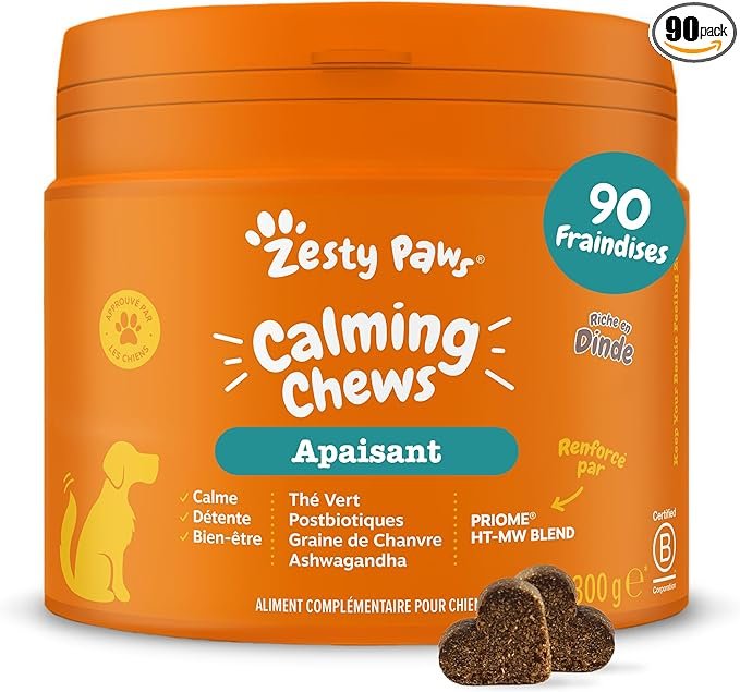 Complément anti stress chien naturel – friandise calmante à base d’ashwagandha, tryptophane et camomille pour réduire l’anxiété et favoriser l’apaisement