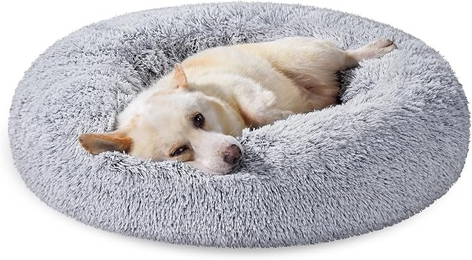 Panier anti stress chien – couchage rond en peluche avec rebords moelleux pour calmer les chiens anxieux et favoriser un repos profond