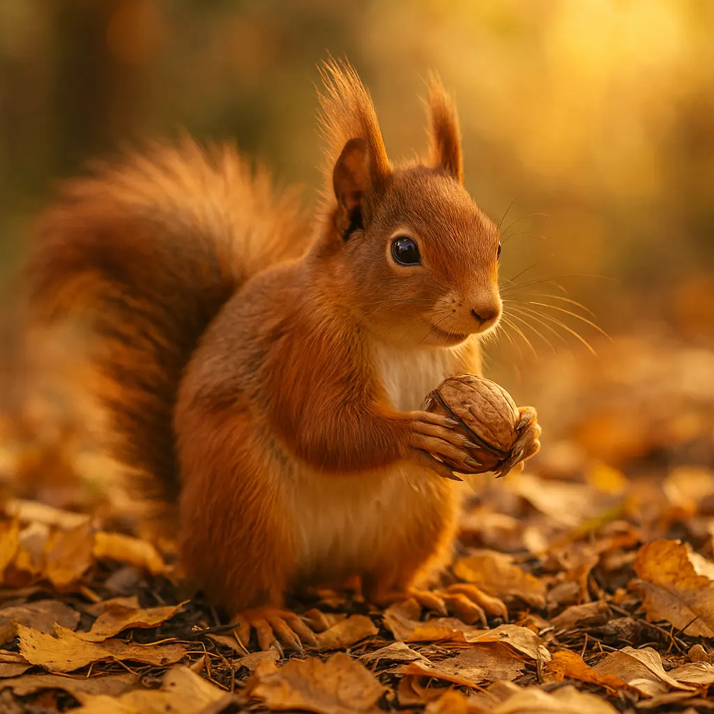 Écureuil roux dans les feuilles d’automne