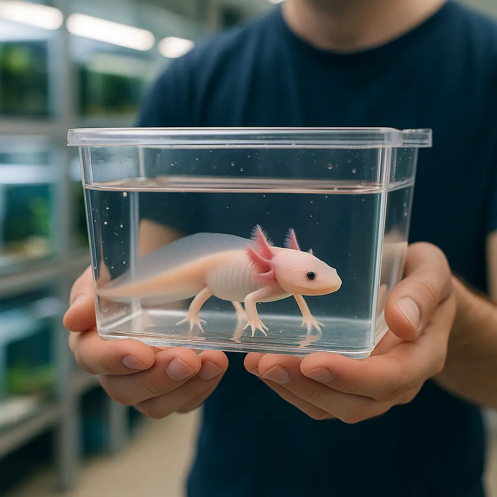 Jeune axolotl observé chez un éleveur aquariophile