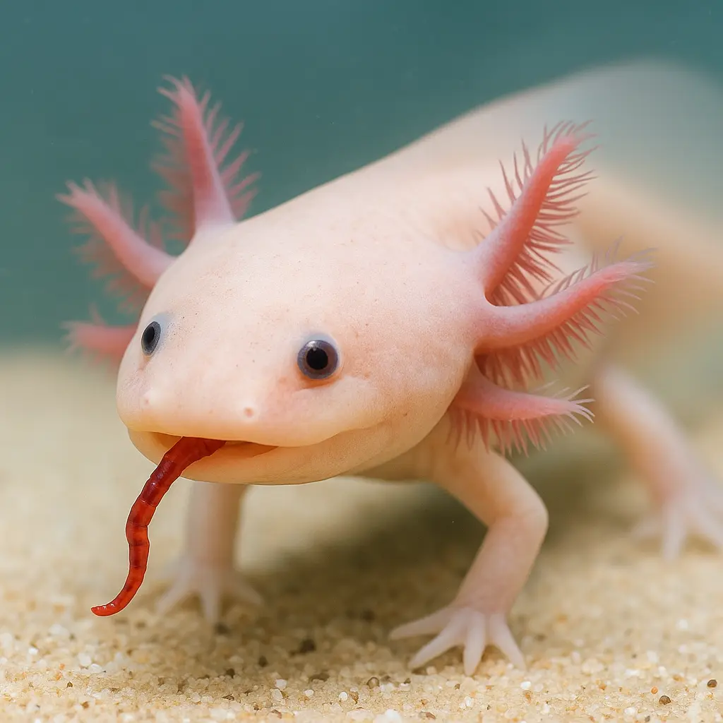 Axolotl mangeant un ver de vas