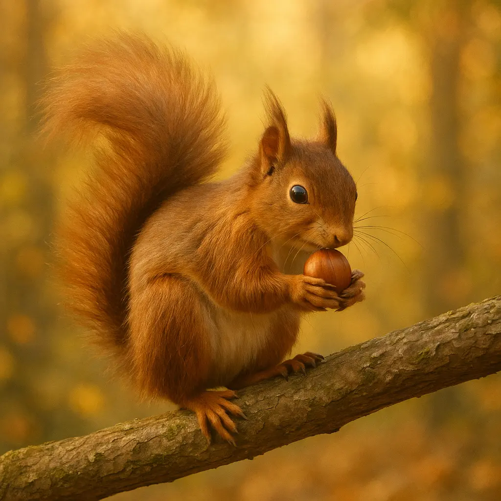 Écureuil roux sur une branche avec une noisette