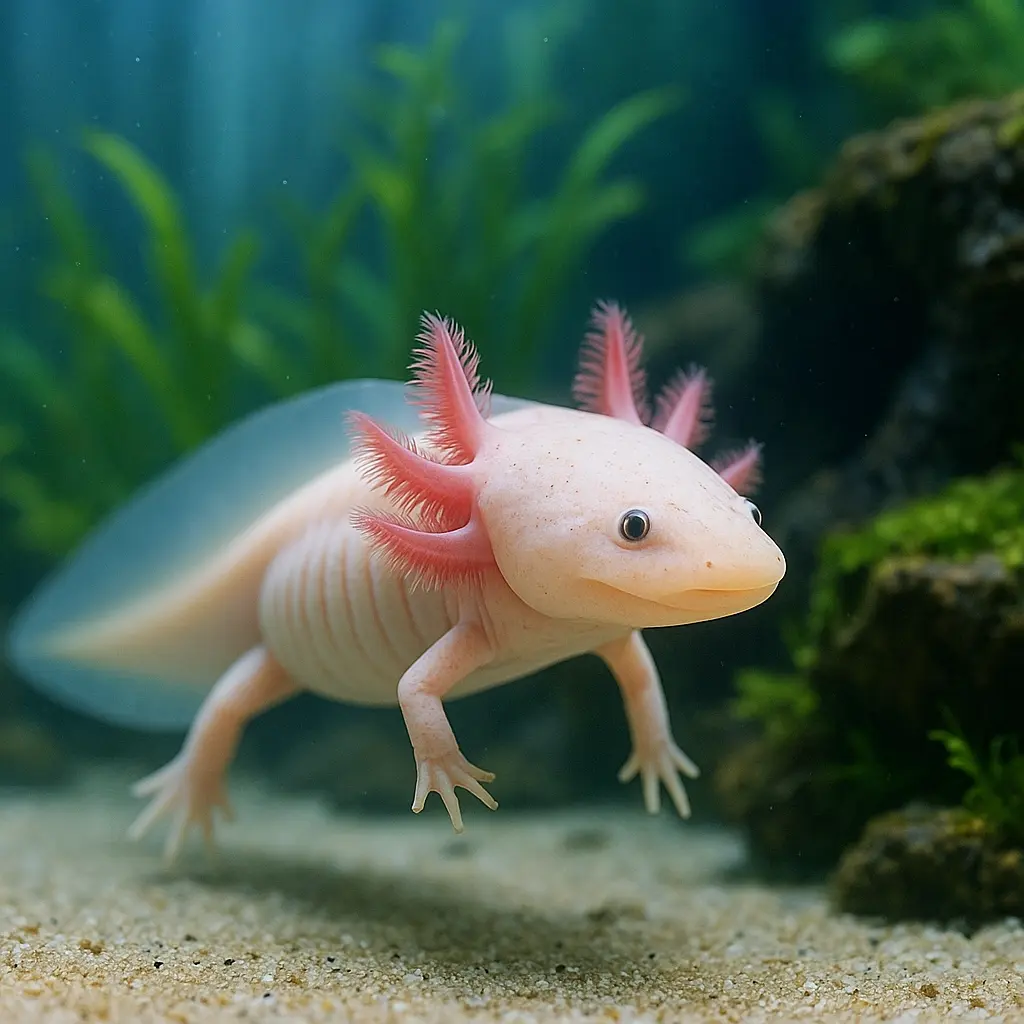 Axolotl nageant dans un aquarium naturel