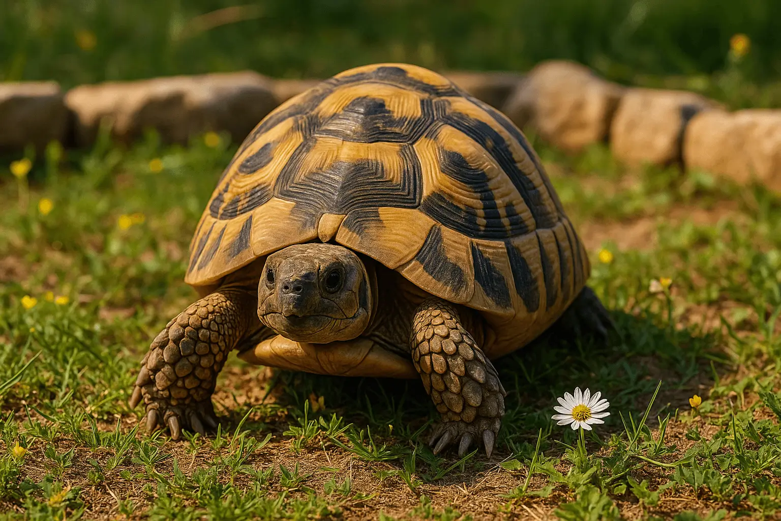 Tortue terrestre Hermann dans un enclos naturel ensoleillé, sur herbe avec fleurs et pierres