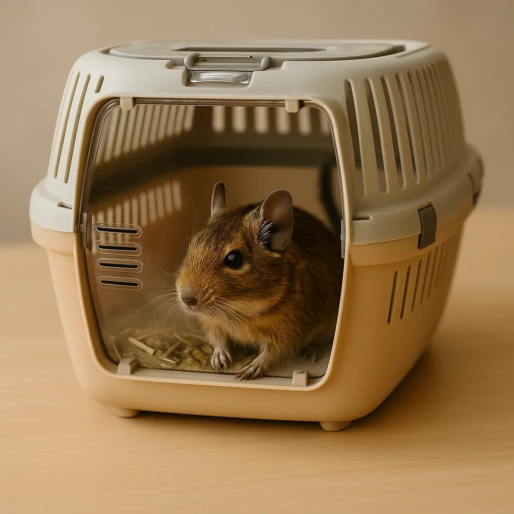 Octodon dans une caisse de transport