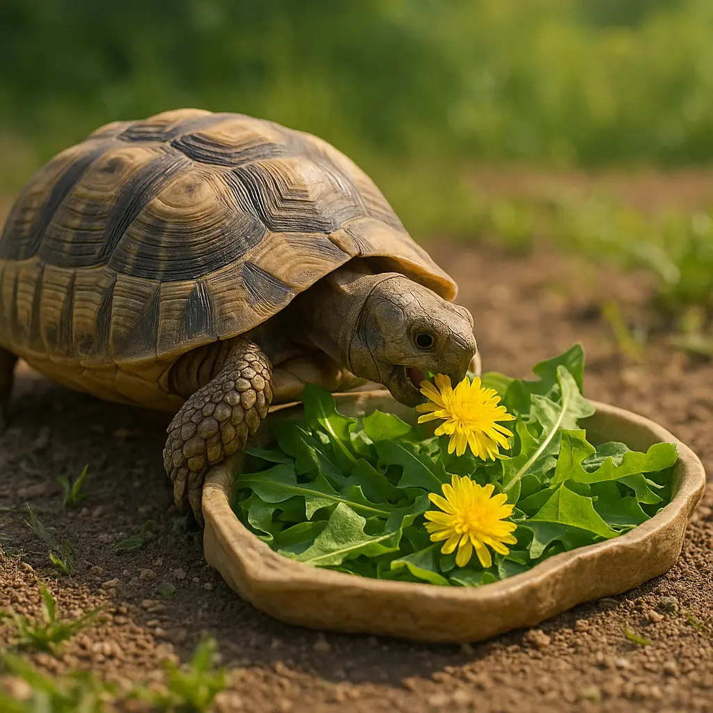 Tortue terrestre mangeant des pissenlits