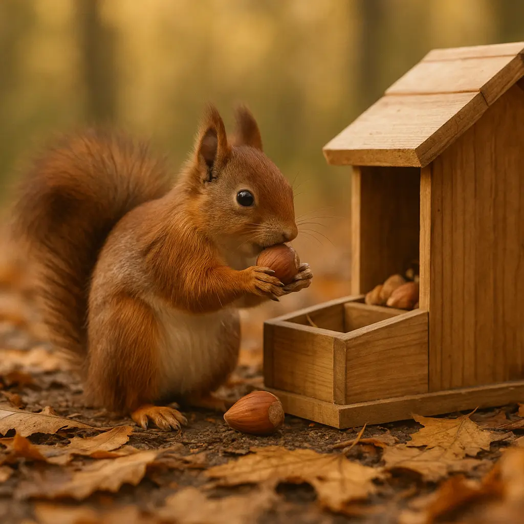 Écureuil mangeant dans une mangeoire en bois