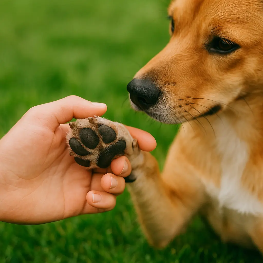 une main soulève doucement la patte d’un chien, coussinets bien visibles