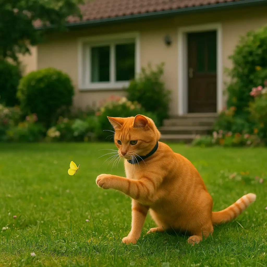 chat au milieu du jardin avec un collier anti fugue