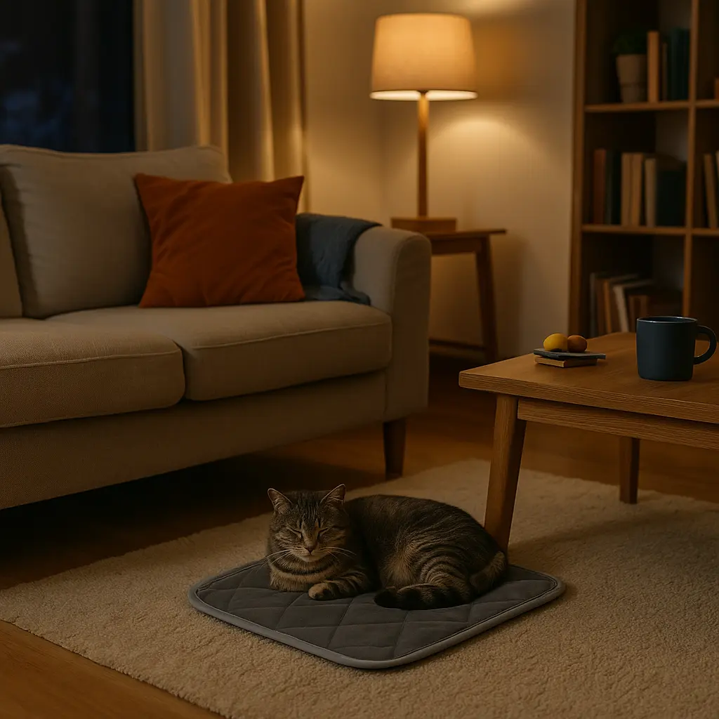 Un chat gris ou tigré allongé confortablement sur un coussin auto-chauffant posé au sol