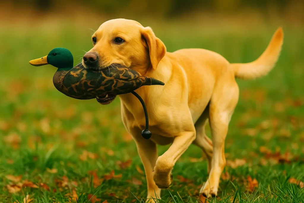 Dressage chien de chasse avec apportable, maître récompensant son chien après le rapport.