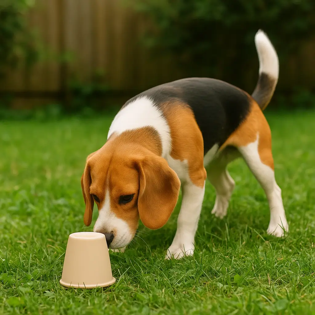 eu olfactif simple avant apprentissage du cavage avec un chien reniflant sous un gobelet