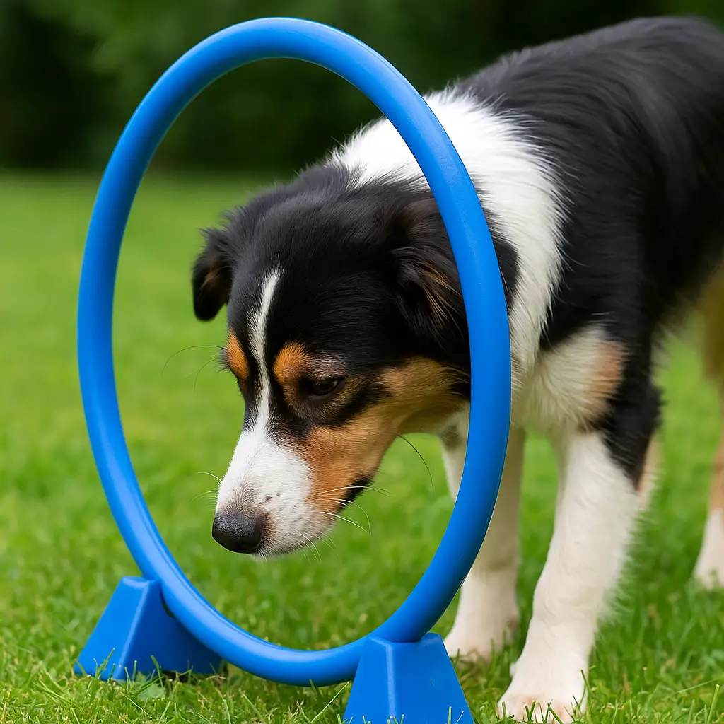 Découverte du Hoopers pour chiens : chien reniflant un anneau avant l’exercice