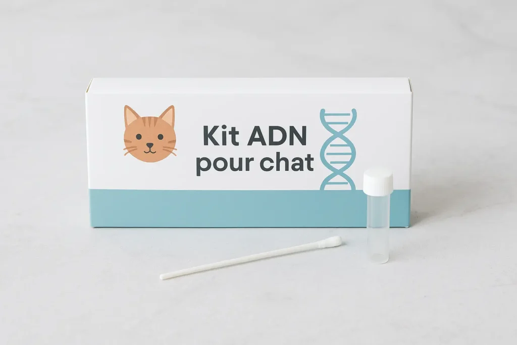 Boîte de kit ADN pour chat avec illustration de félin et double hélice, accompagnée d’un écouvillon et d’un tube de prélèvement