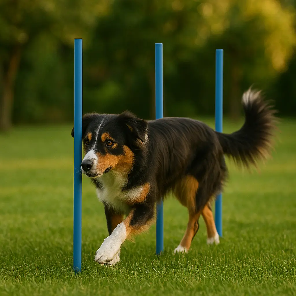 Parcours Hoopers pour chiens : chien effectuant un slalom d’agility douce dans un jardin