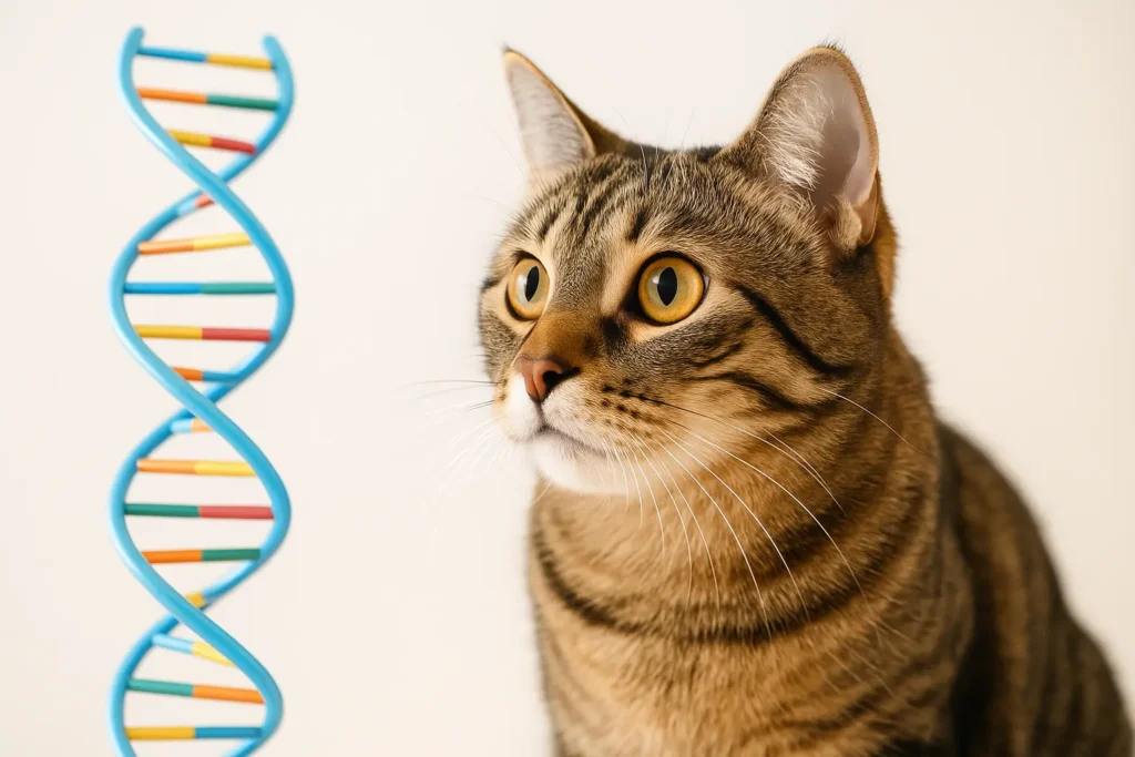 Chat tigré curieux observant une hélice d’ADN colorée, illustrant le test ADN pour chat