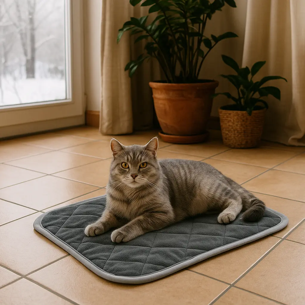 Chat gris allongé sur un coussin chauffant pour chat dans une véranda au sol carrelé