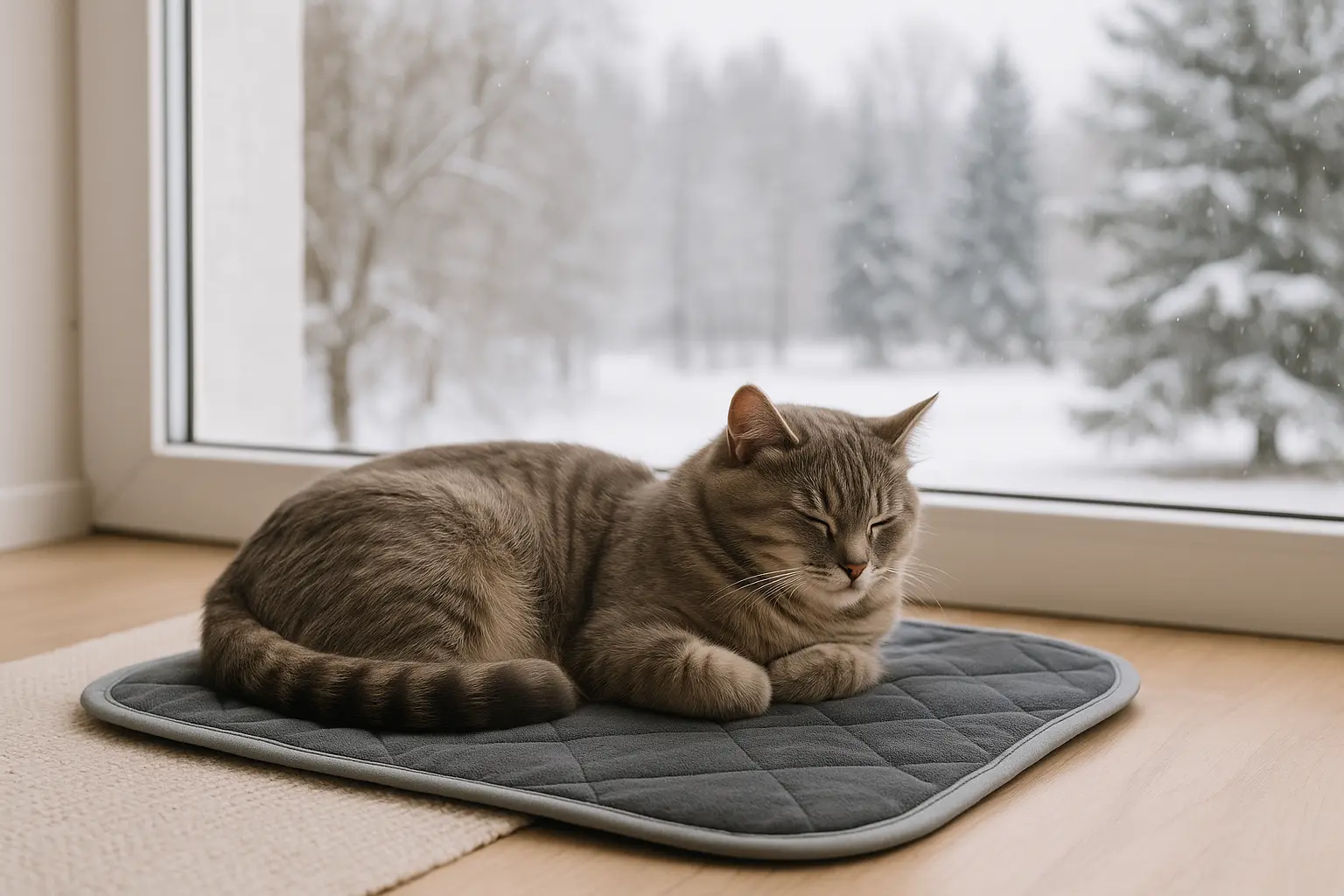 Chat gris détendu sur un coussin chauffant pour chat sans électricité, près d’une fenêtre en hiver