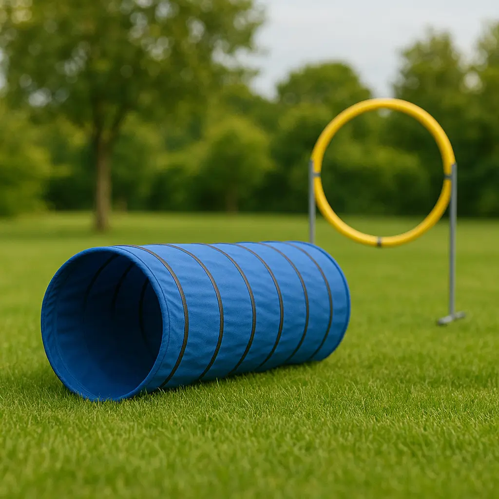 Matériel de Hoopers pour chiens installé dans un jardin pour un entraînement à domicile