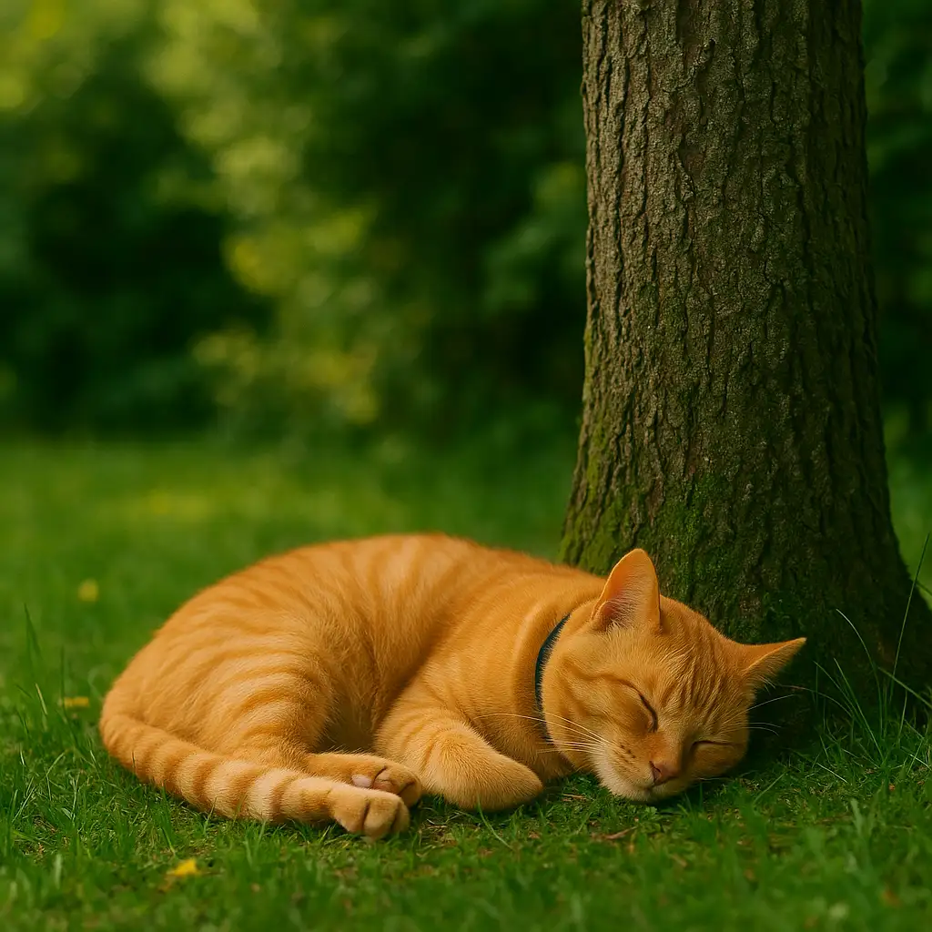 chat qui dort prêt d'un arbre dans un jardin avec une clôture anti-fugue