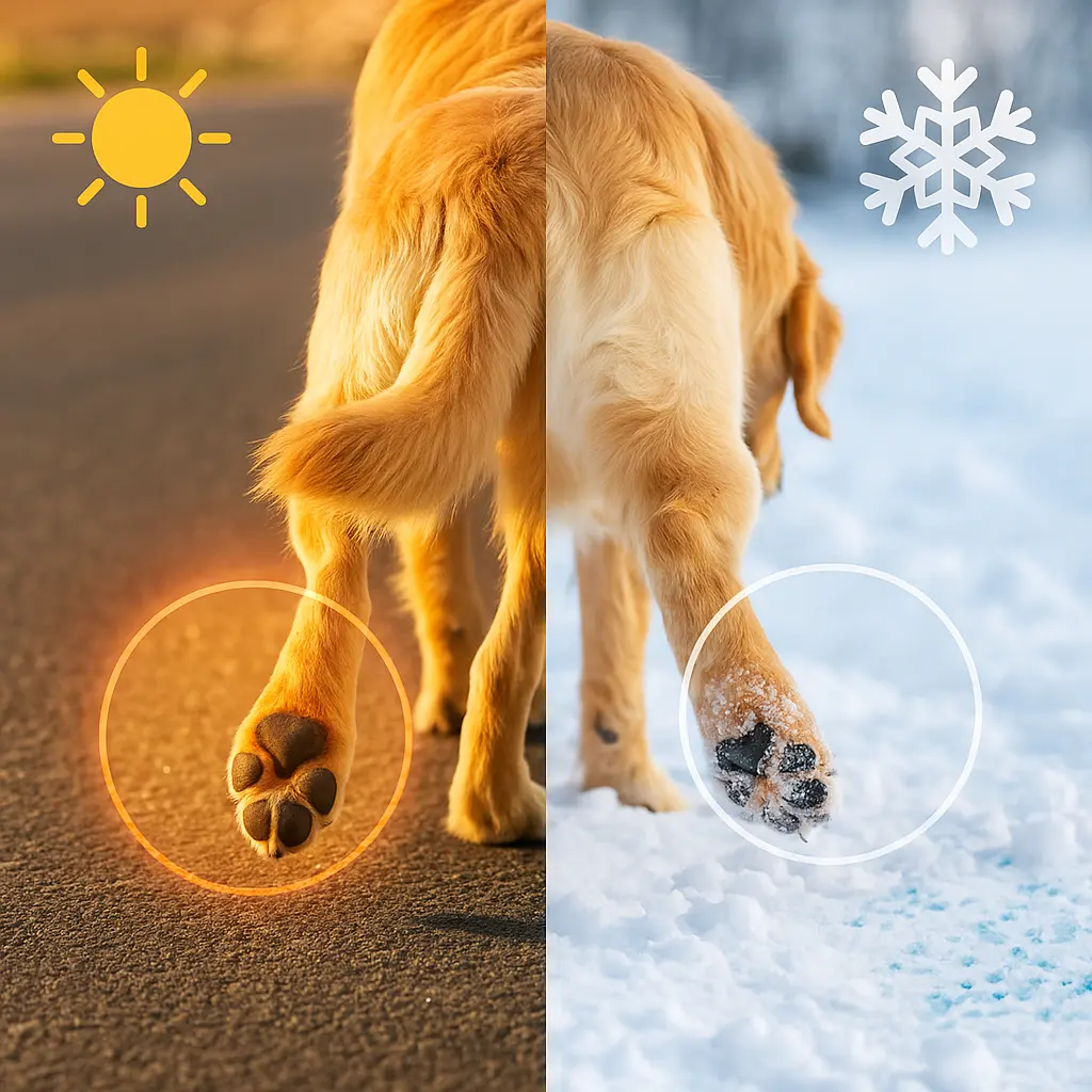 À gauche → chien qui marche sur du bitume chaud (été ☀️).

À droite → chien dans la neige, avec du sel de déneigement visible (hiver ❄️)