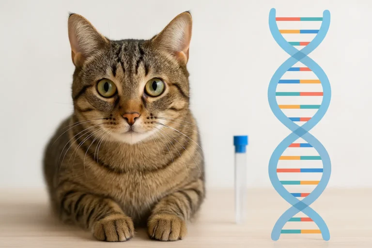 Chat tigré curieux avec une illustration d’ADN et un tube de prélèvement, symbolisant un test ADN pour chat