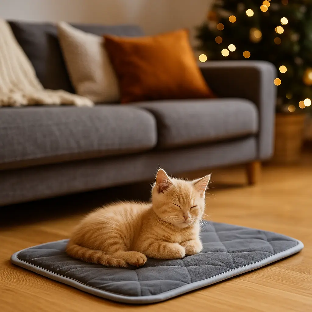 Chaton allongé sur un coussin chauffant pour chat, paisiblement endormi dans un salon chaleureux