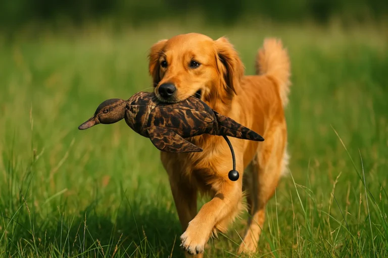 Chien de chasse rapportant un apportable pour chien de chasse en forme de gibier dans une prairie