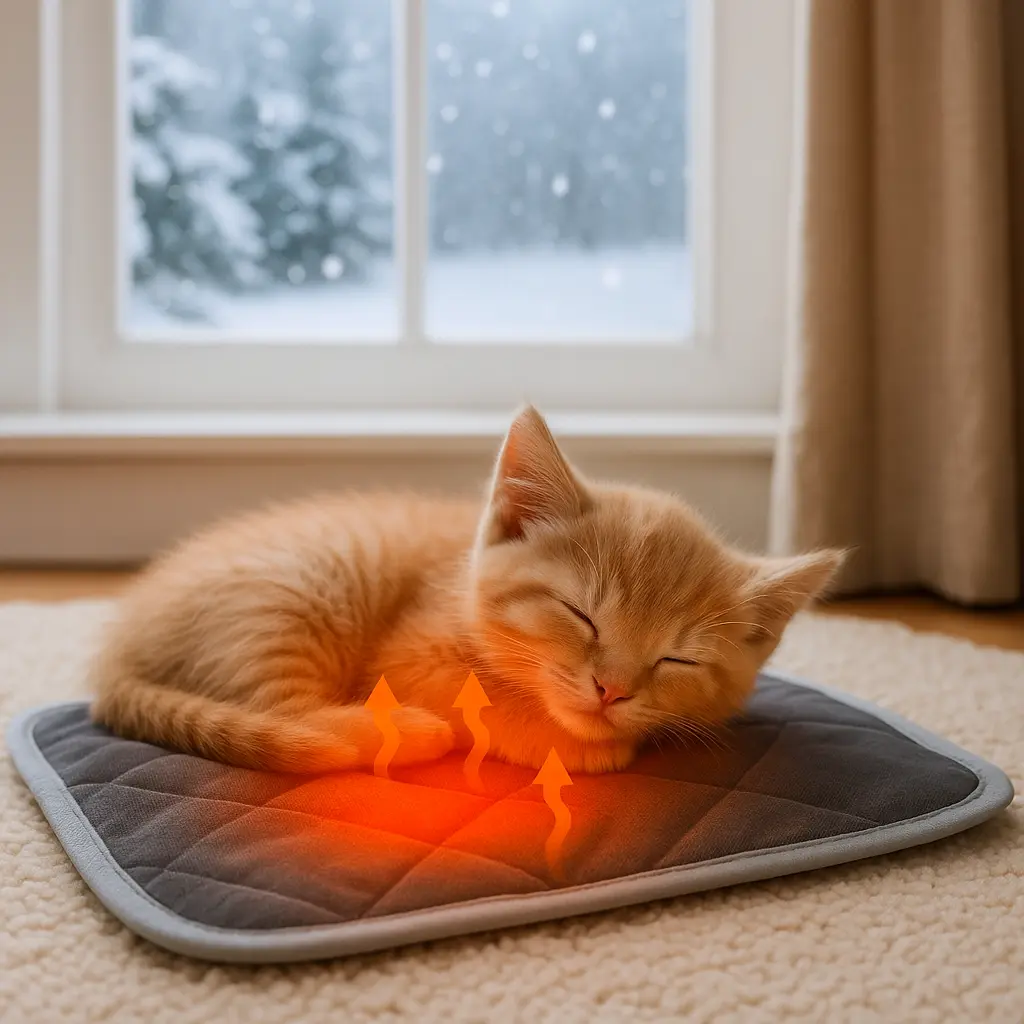 Chaton gris allongé sur un coussin chauffant auto-réchauffant, dans un salon chaleureux, illustrant le confort thermique offert sans électricité.