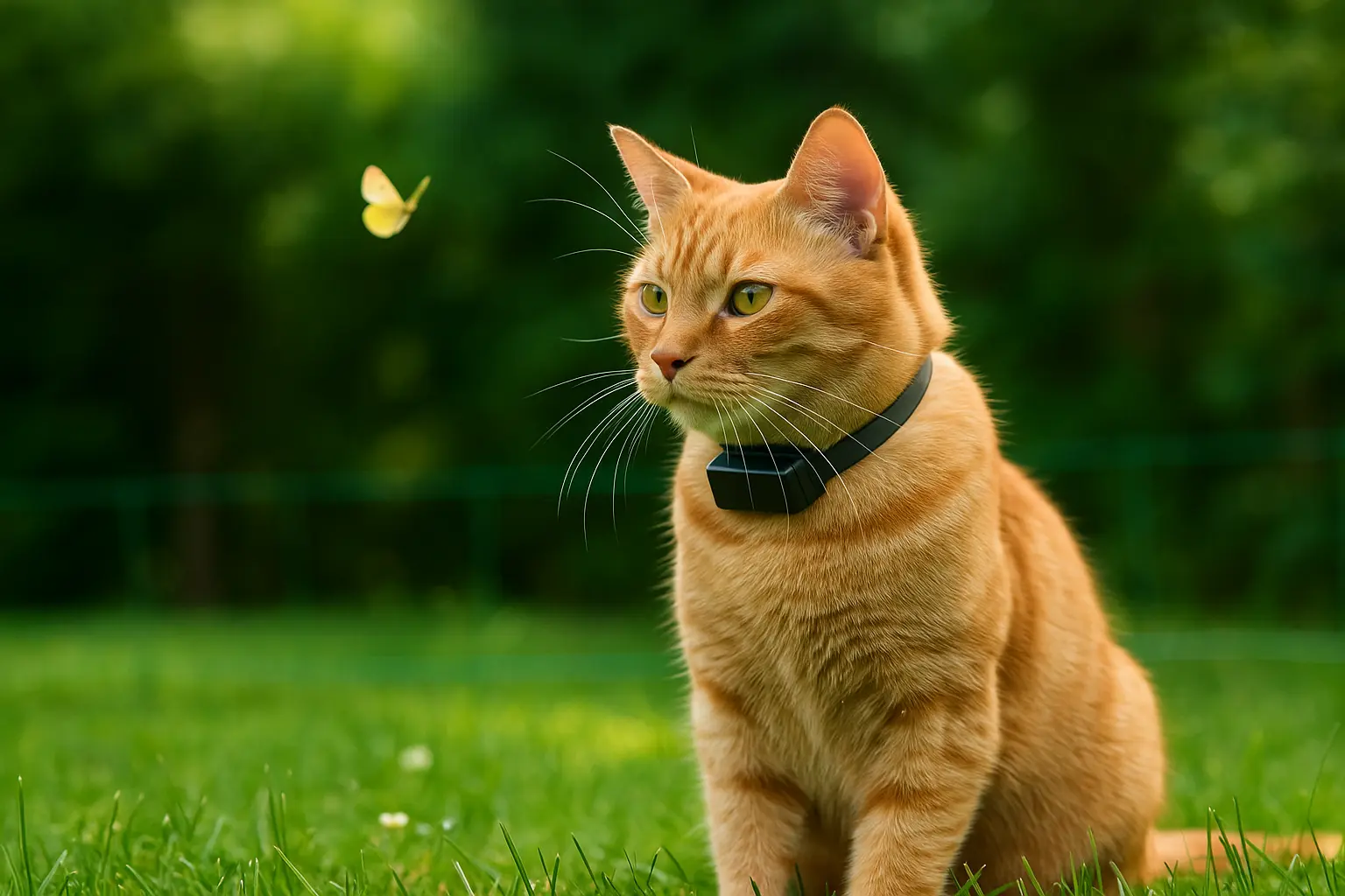 Chat assis dans un jardin sécurisé grâce à une clôture anti-fugue pour chat à fil enterré, portant un collier anti-fugue.