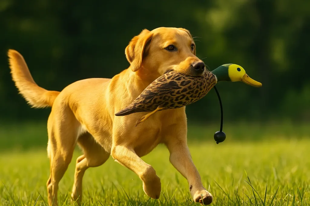 Chien de chasse rapportant un apportable flottant camouflage dans l’eau