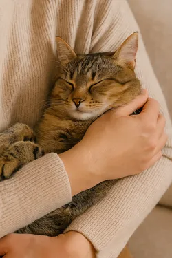 Chat tigré détendu et endormi dans les bras de son maître, câliné avec tendresse dans une ambiance chaleureuse