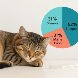 Chat tigré endormi paisiblement à côté d’un camembert coloré indiquant ses origines génétiques : 52 % Européen, 31 % Maine Coon, 17 % Siamois