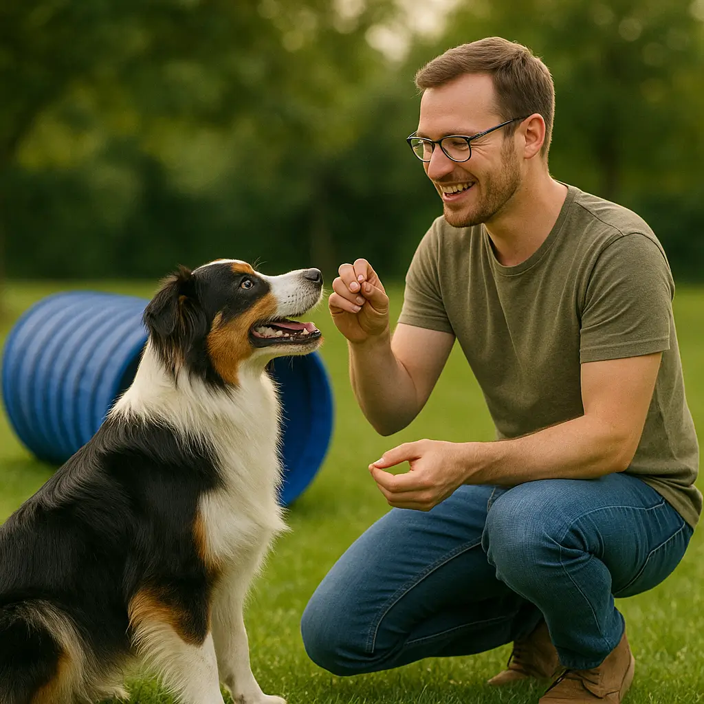 Renforcer la complicité grâce au Hoopers pour chiens : maître félicitant son compagnon après un exercice