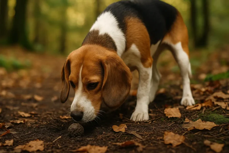 Chien en séance d’initiation à la recherche de truffes en forê