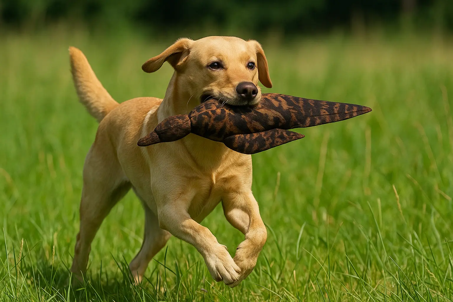 Chien de chasse rapportant un apportable camouflage en forme de gibier dans une prairie.