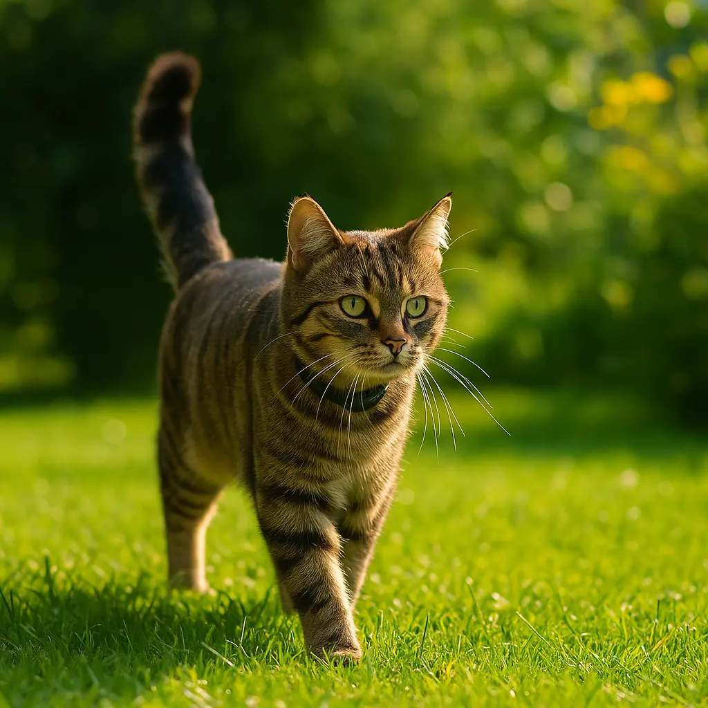 Chat tigré se promenant dans un jardin verdoyant au soleil, symbole de liberté et de sécurité offerte par une clôture anti-fugue pour chat.