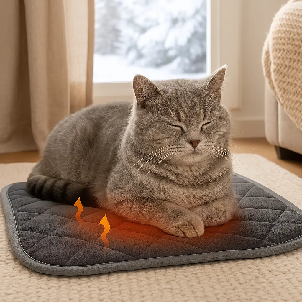 Chat détendu sur un coussin chauffant pour chat sans électricité dans une maison en hive
