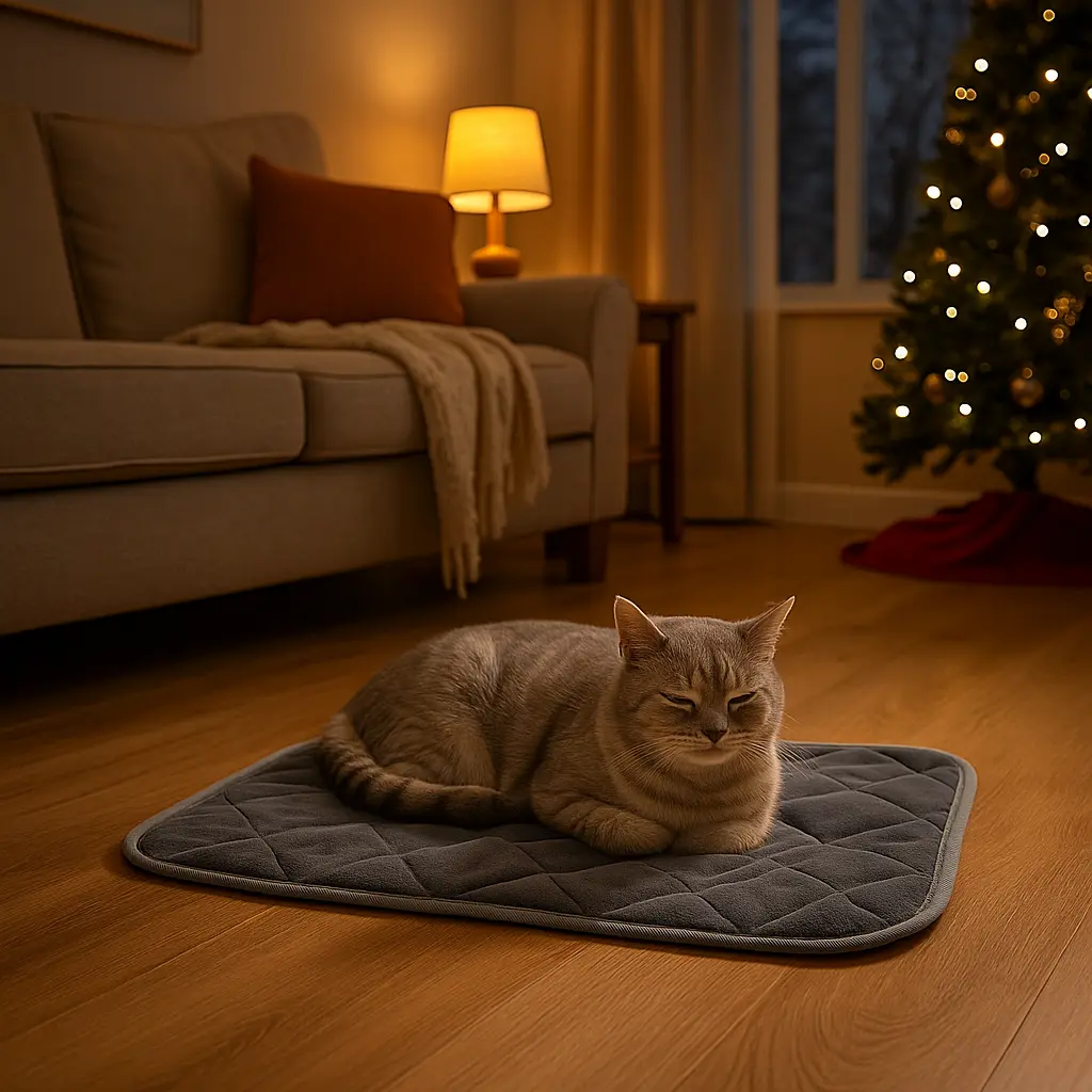 Chat allongé sur un coussin chauffant pour chat dans un salon familial en soirée