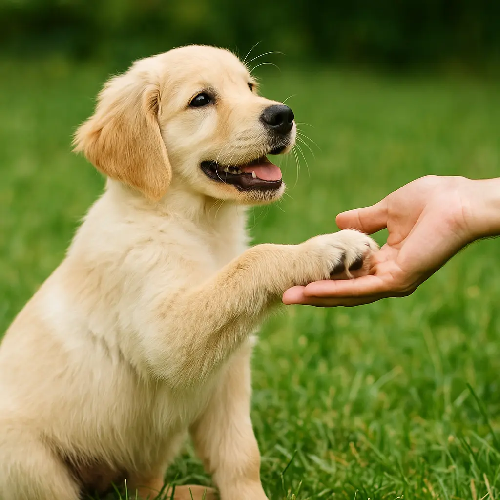 Chien mignon qui tend la patte vers son maître