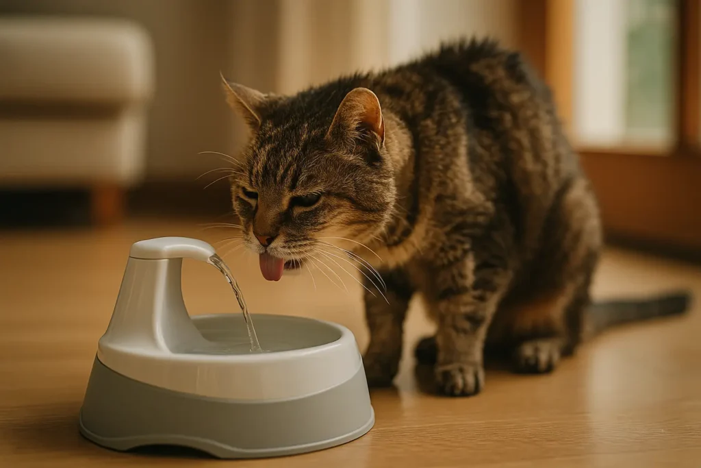 Chat âgé buvant dans une fontaine à eau, essentiel pour son hydratation et sa santé rénale.