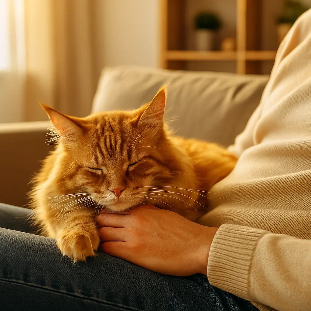 chat sur jambe de son maitre