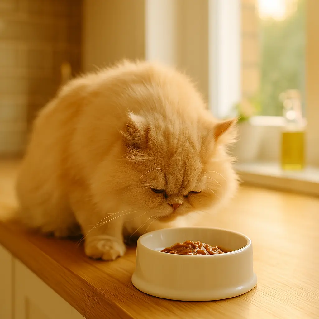 chat persan qui mange