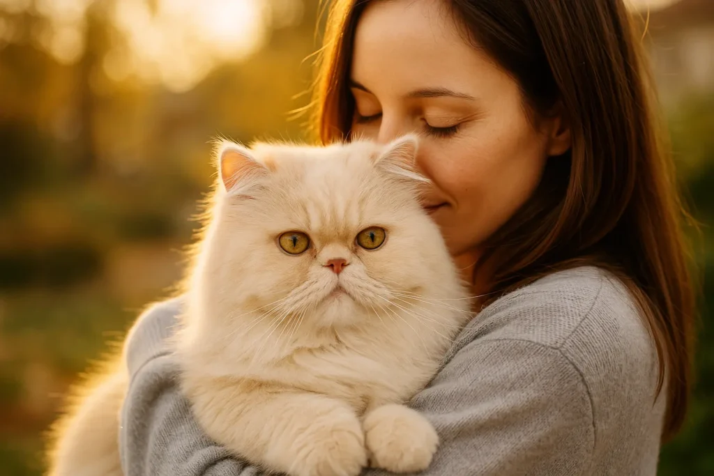 Chat persan câliné par son maître