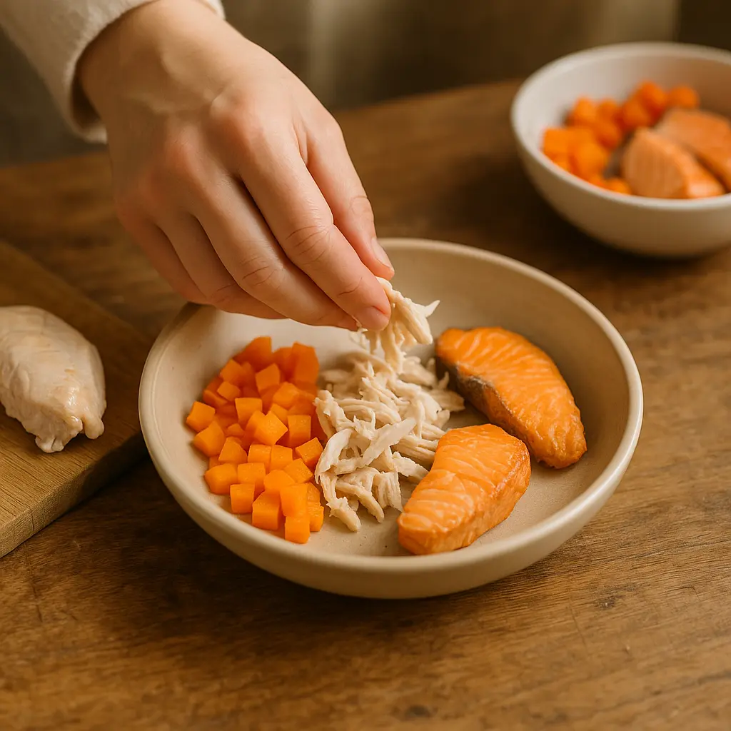 Préparation de nourriture maison pour chat âgé, avec des ingrédients frais et équilibrés.