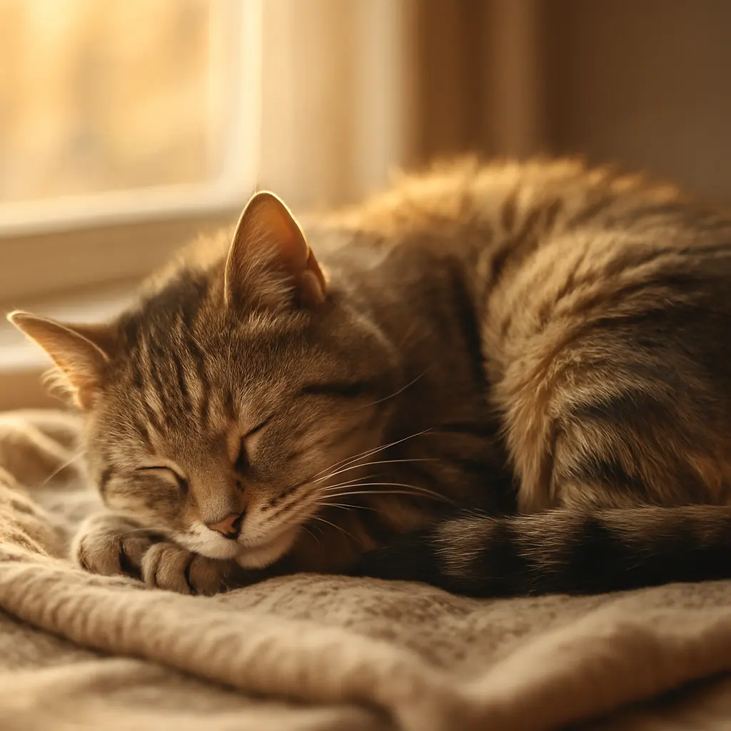 Chat âgé endormi paisiblement dans une lumière dorée, symbole de repos et sérénité