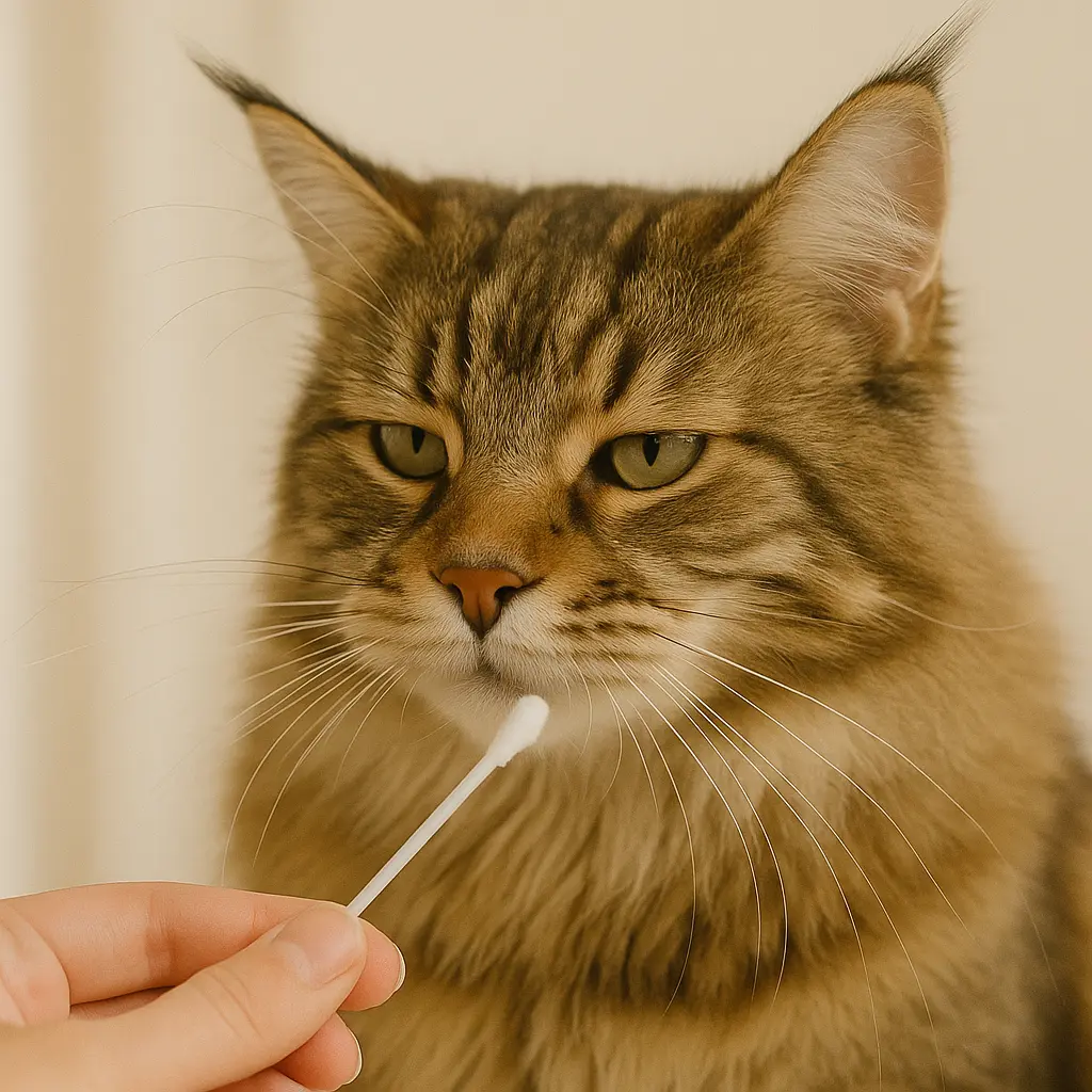 Main tenant un écouvillon buccal près d’un chat calme pendant un test ADN