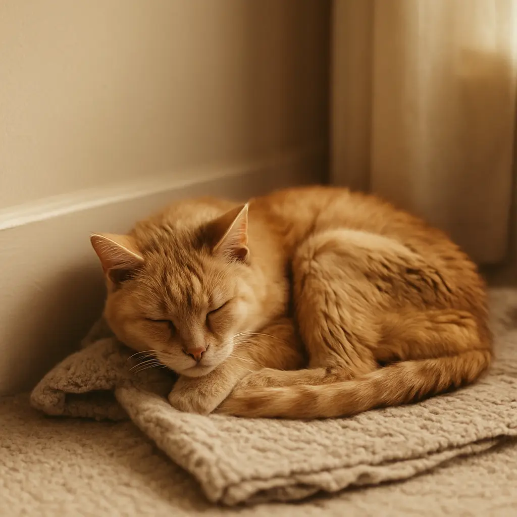 chat agé qui dort sur une couverture