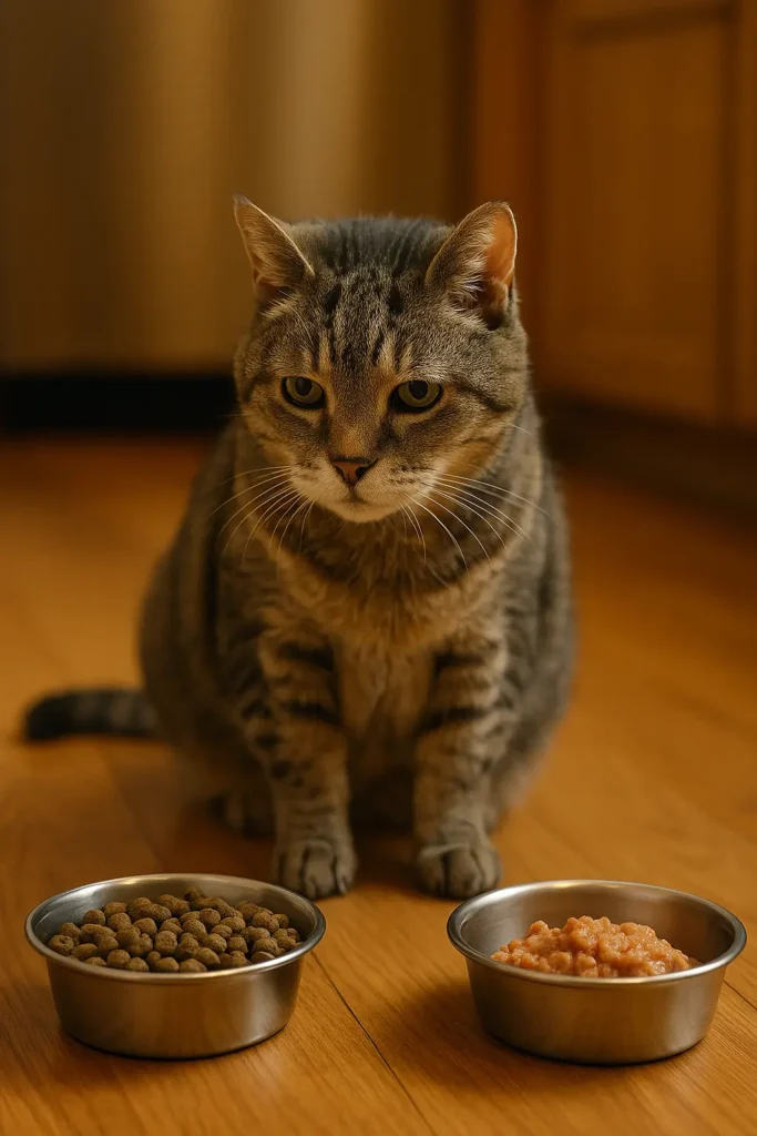 Chat âgé hésitant entre croquettes et pâtée, illustrant le choix de l’alimentation senior.