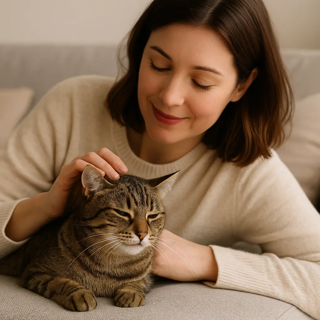 Propriétaire caressant son chat, symbole d’écoute et d’attention.